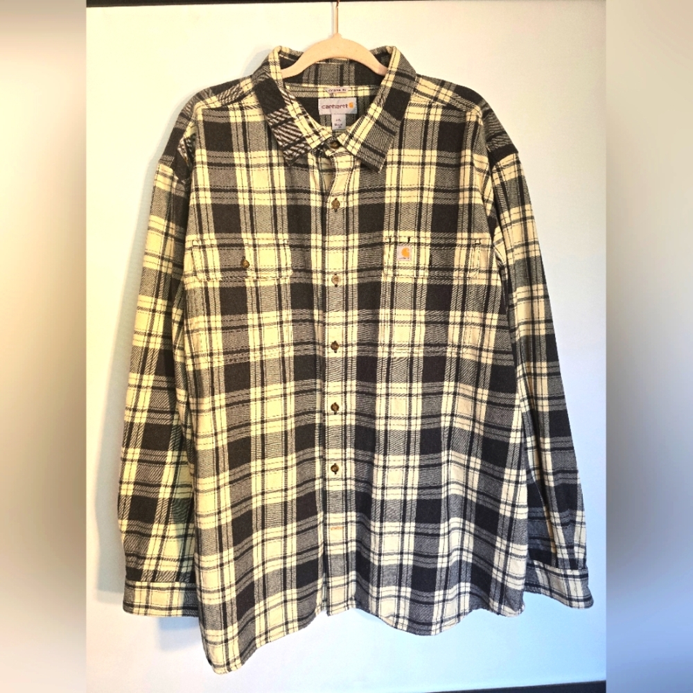 CARHARTT MENS FLANNEL PLAID SHIRT FIT LONG GRAY/ WHITE SIZE 2XL